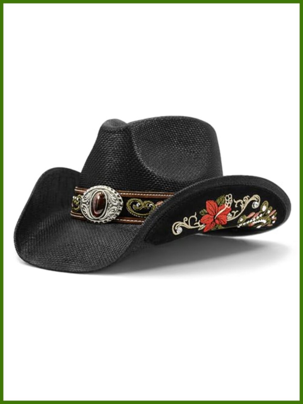 Straw Western Cowboy Hat Embroidered Floral Cowgirl Rodeo Outdoor